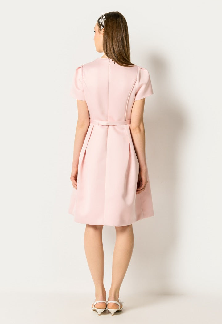Pleated Bow Embellished Dress Pink