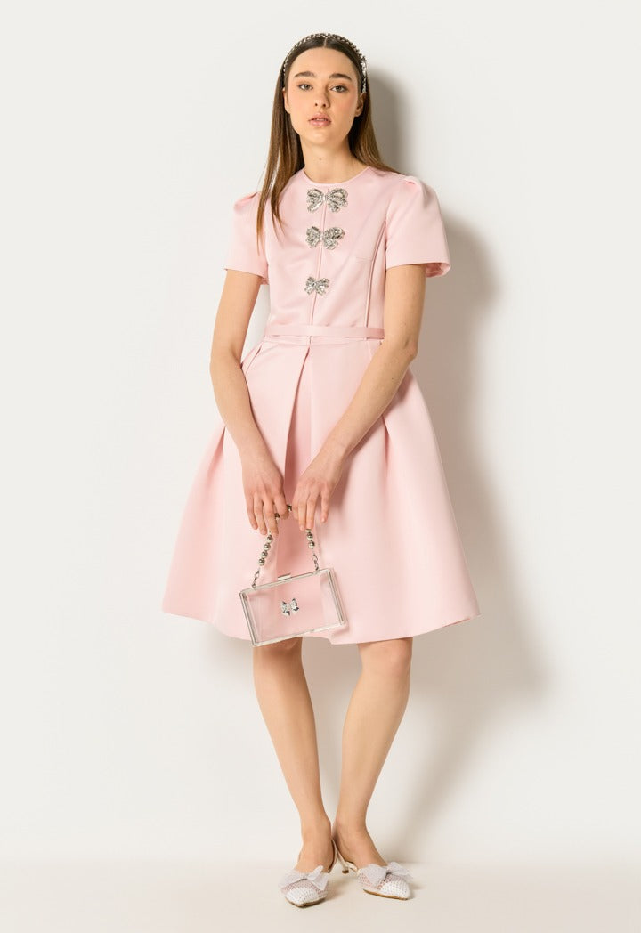 Pleated Bow Embellished Dress Pink