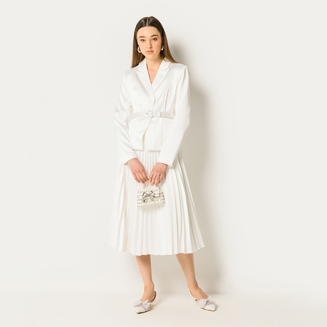 Pleated Hem Blazer Dress Off White
