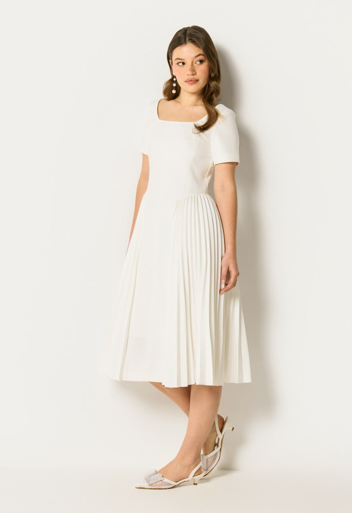 Side Pleated Midi Dress Off White