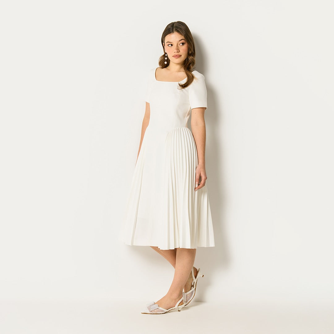 Side Pleated Midi Dress Off White