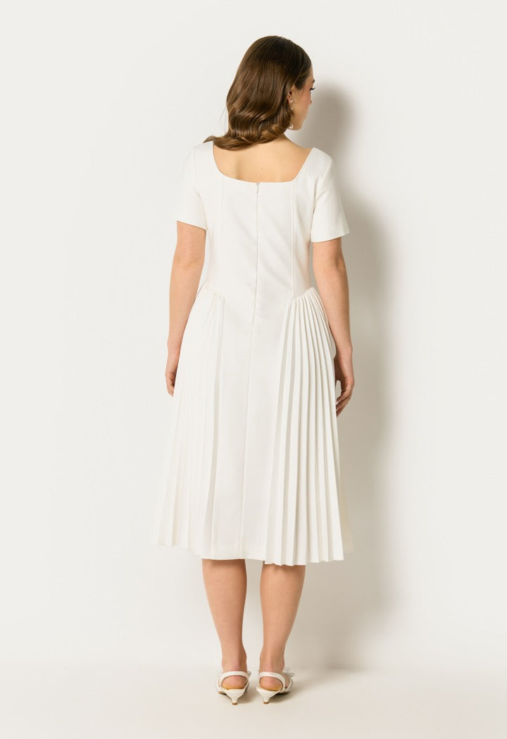 Side Pleated Midi Dress Off White