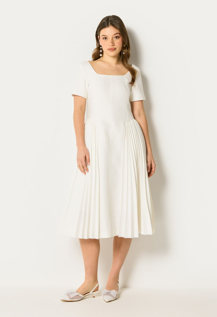 Side Pleated Midi Dress Off White