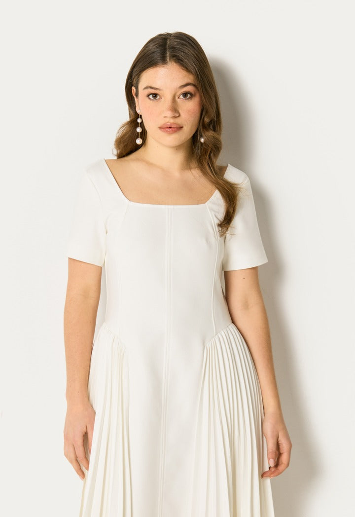 Side Pleated Midi Dress Off White