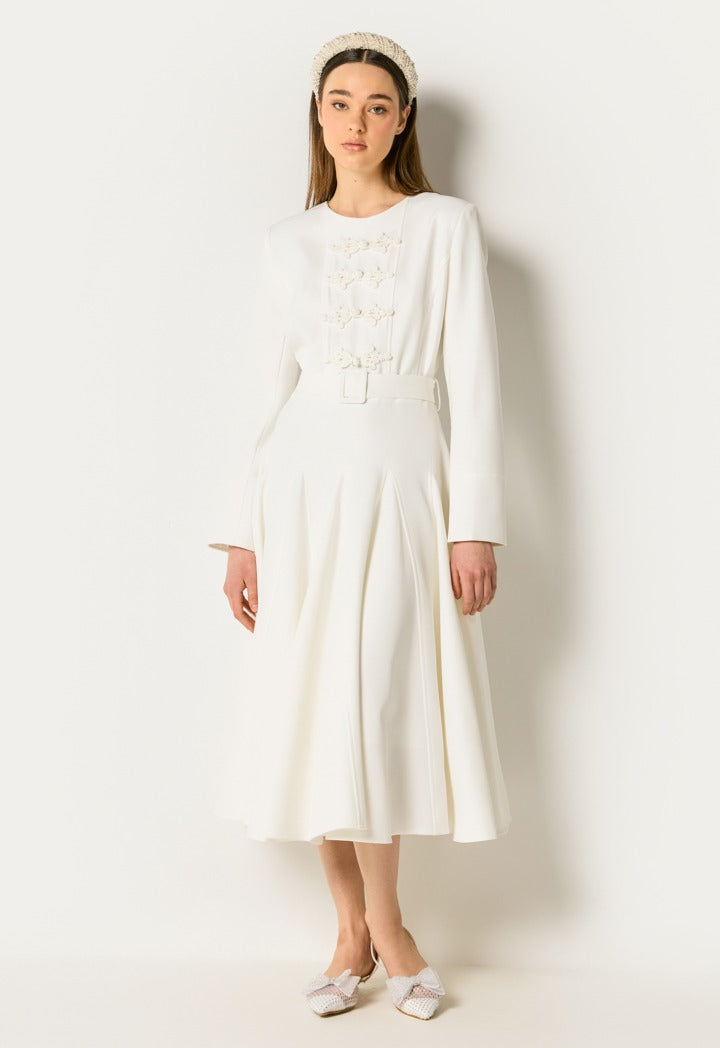Flared Belted Midi Dress Off White