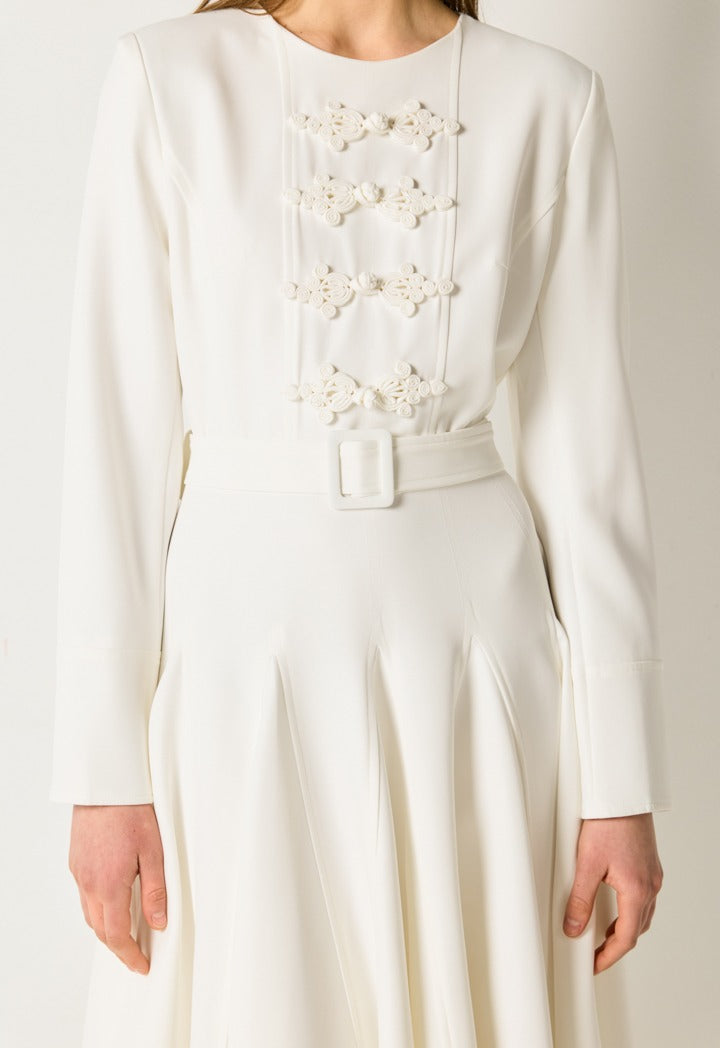 Flared Belted Midi Dress Off White