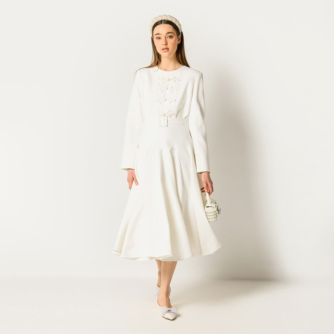 Flared Belted Midi Dress Off White