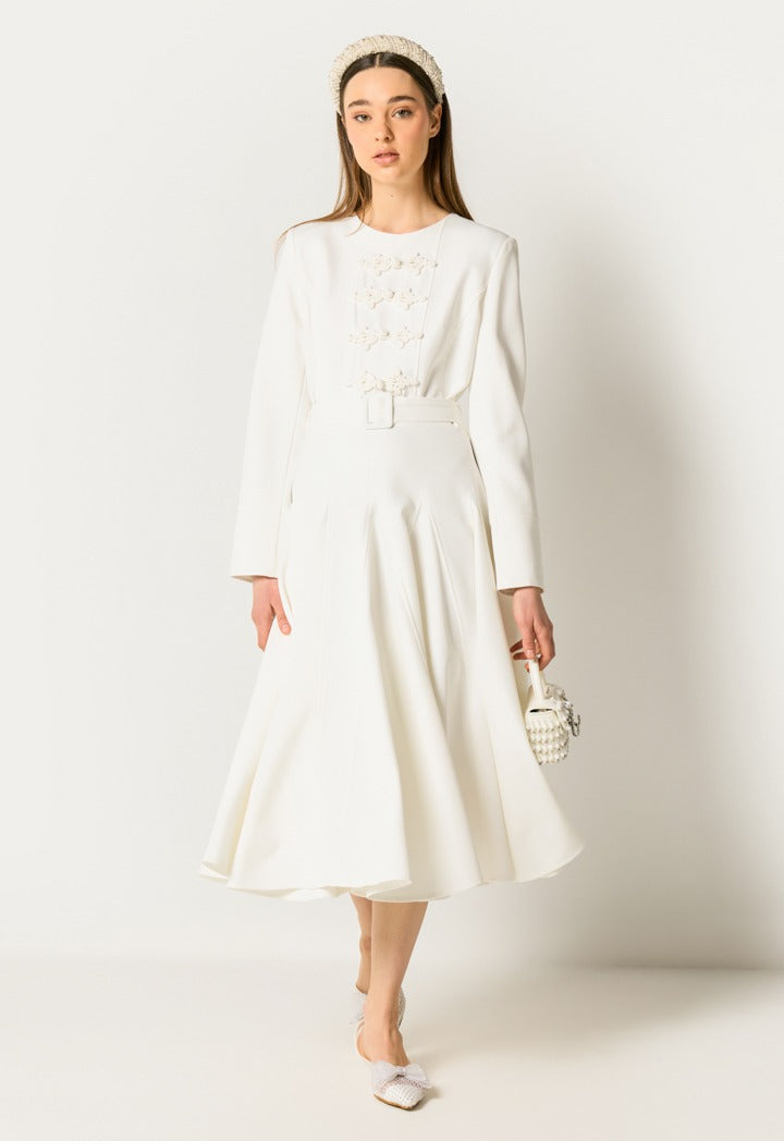 Flared Belted Midi Dress Off White