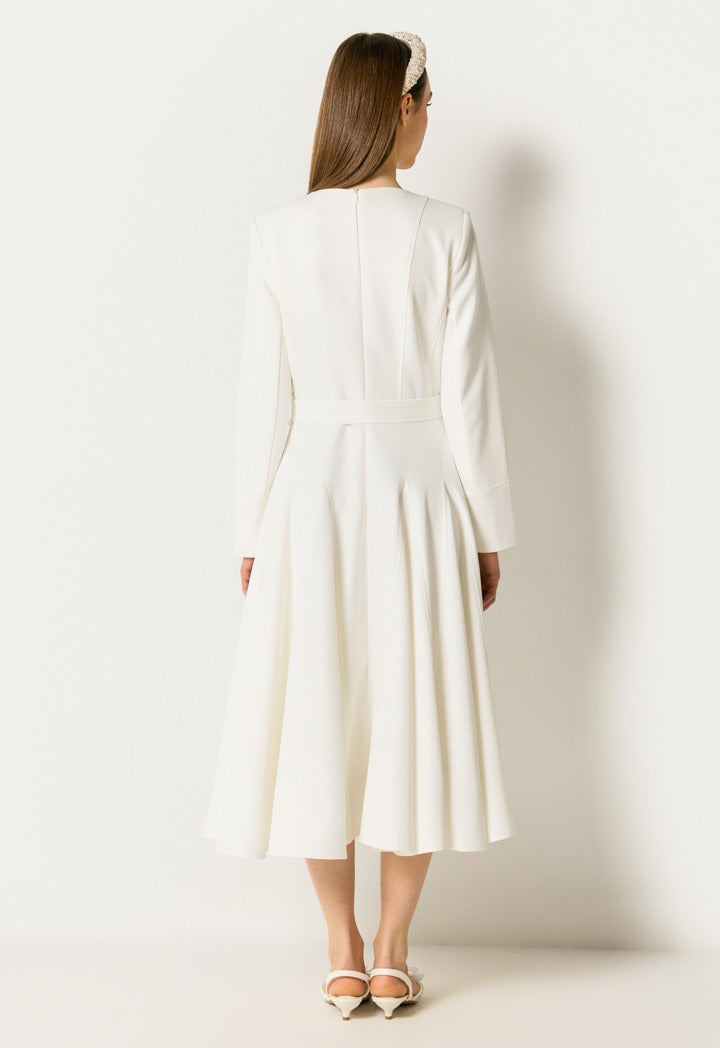 Flared Belted Midi Dress Off White