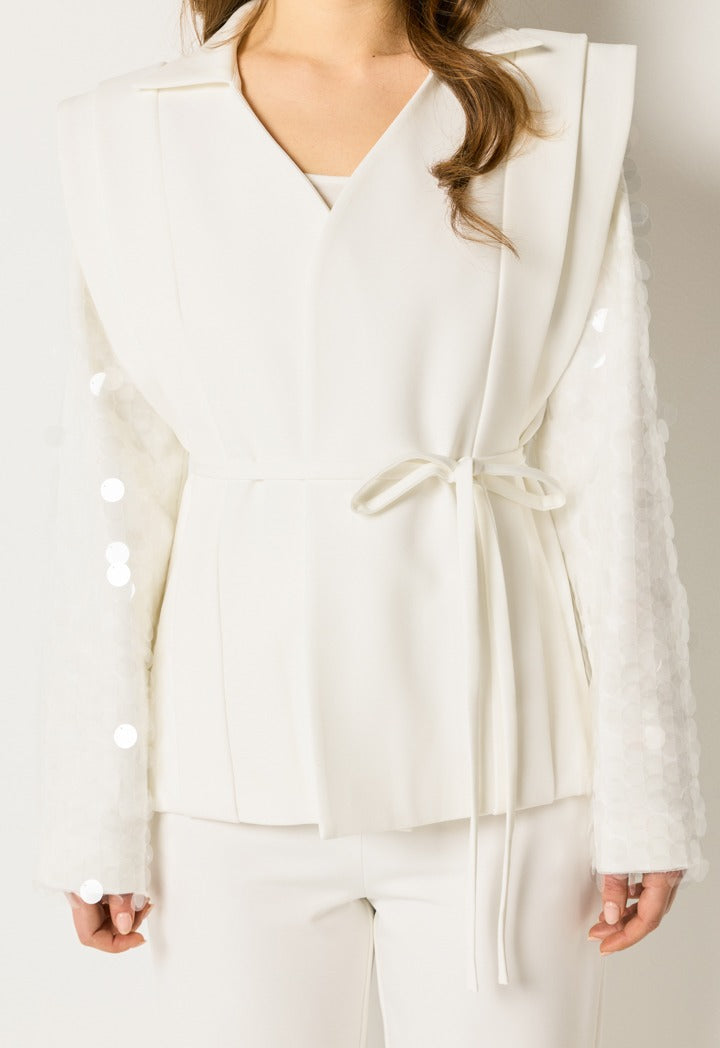 Shimmering Sleeve Tailored Set (2Pcs) Off White