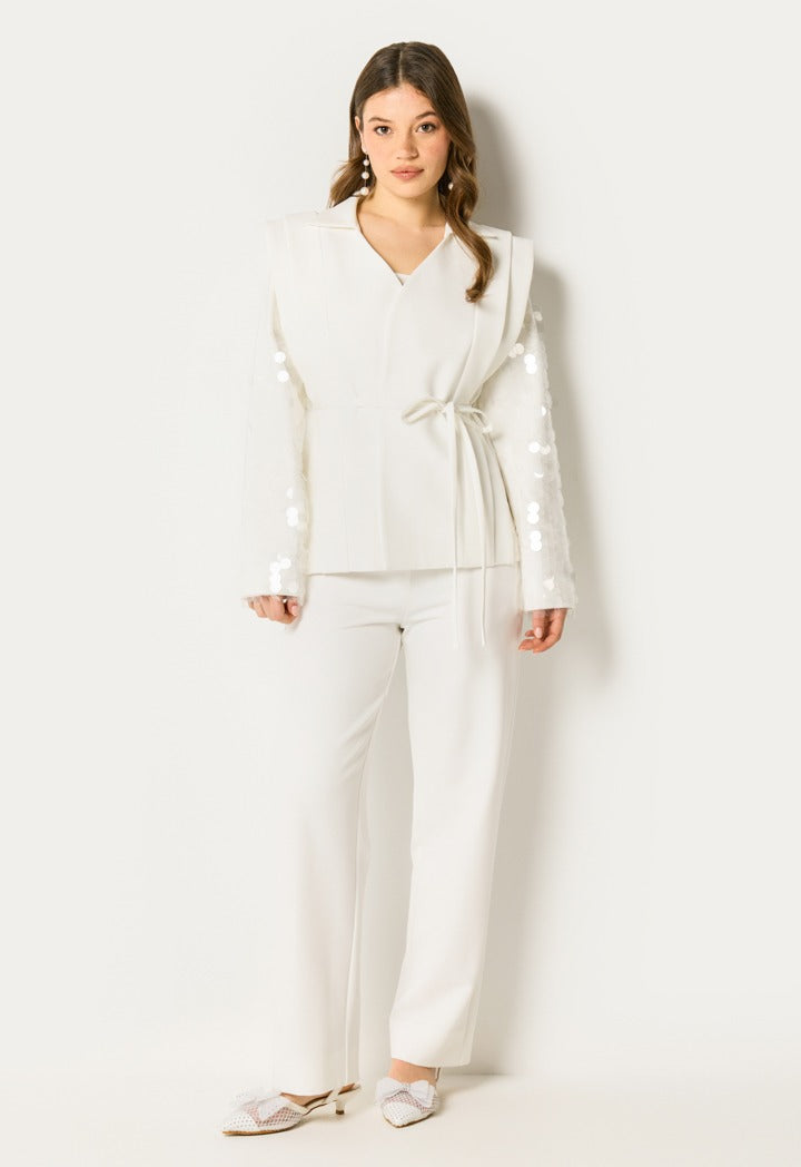 Shimmering Sleeve Tailored Set (2Pcs) Off White