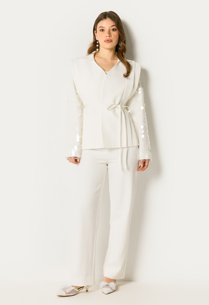 Shimmering Sleeve Tailored Set (2Pcs) Off White