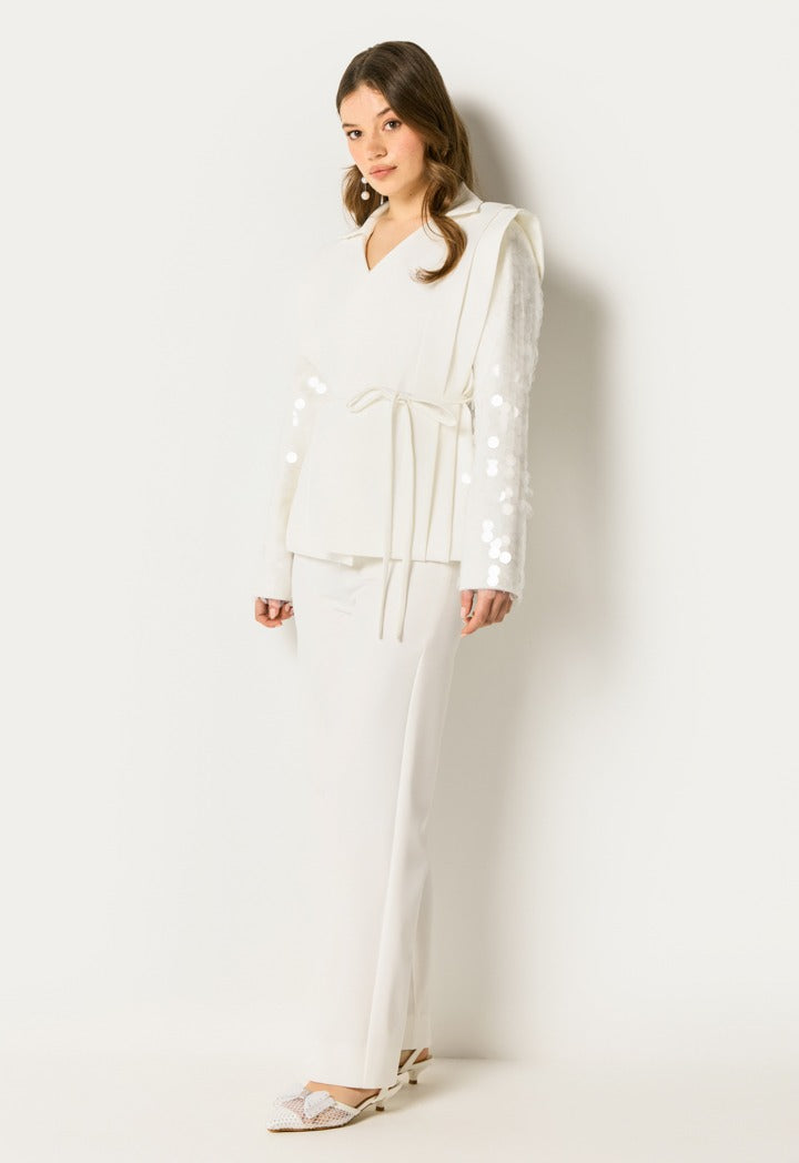Shimmering Sleeve Tailored Set (2Pcs) Off White