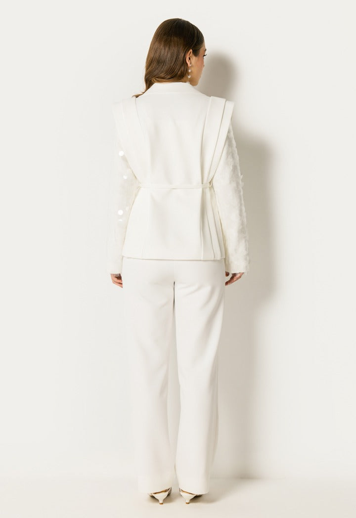 Shimmering Sleeve Tailored Set (2Pcs) Off White