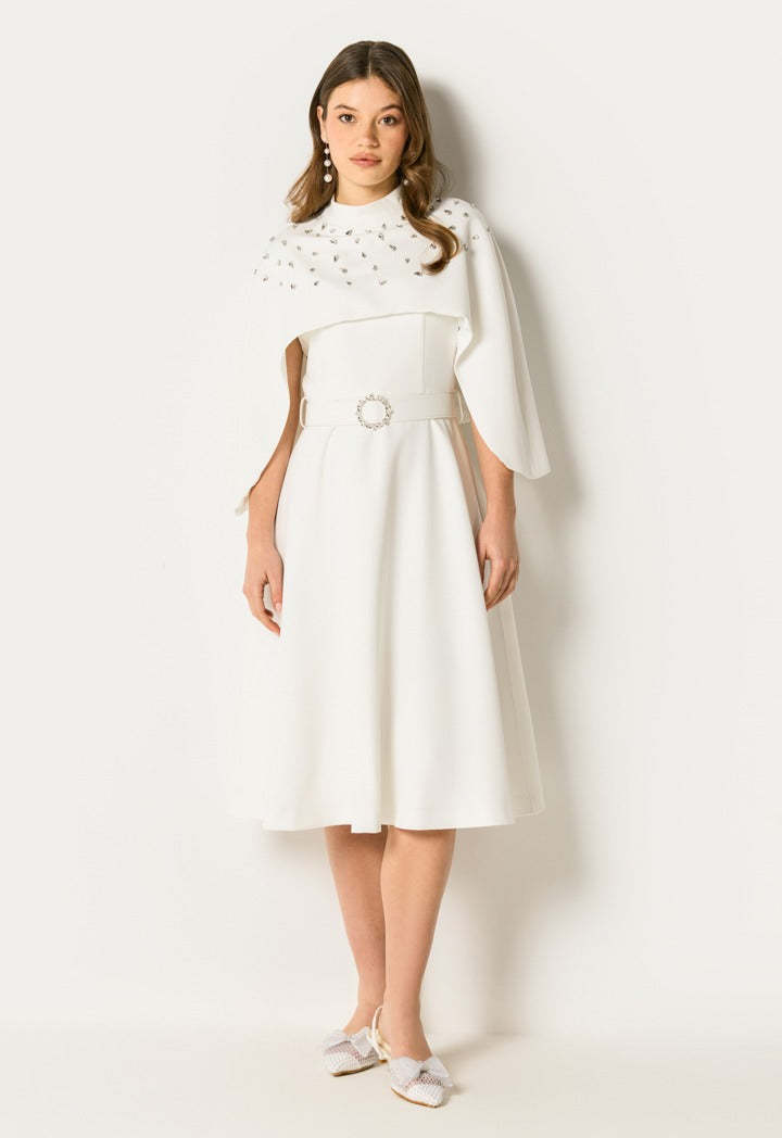 Embellished Cape Midi Dress Off White