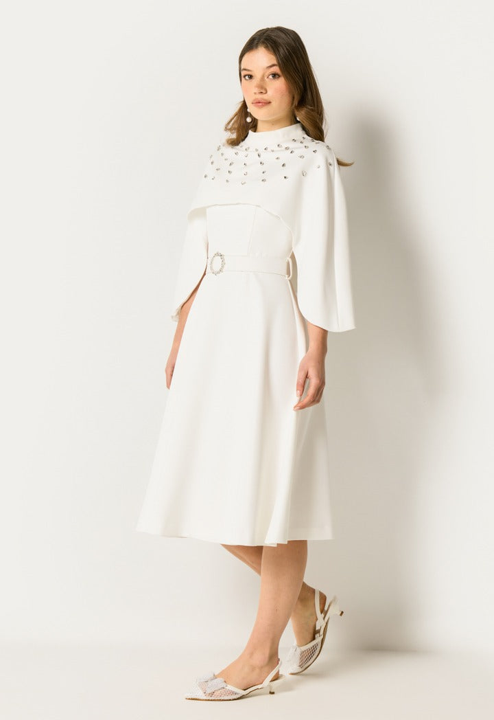Embellished Cape Midi Dress Off White