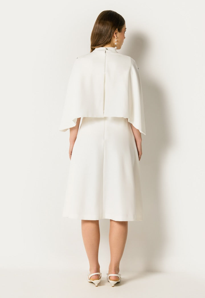 Embellished Cape Midi Dress Off White