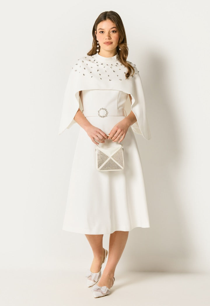 Embellished Cape Midi Dress Off White