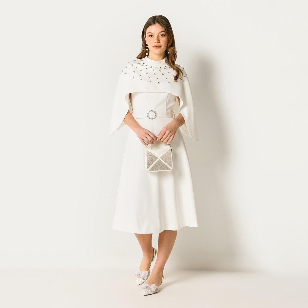 Embellished Cape Midi Dress Off White