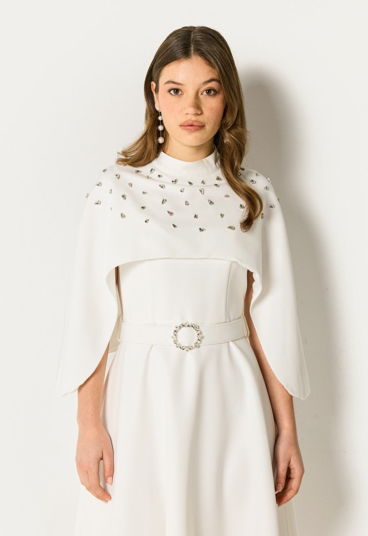 Embellished Cape Midi Dress Off White