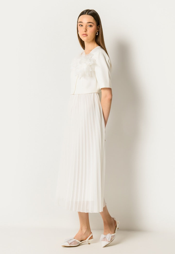 3D Flower Pleated Hem Dress Off White