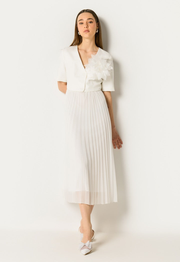 3D Flower Pleated Hem Dress Off White
