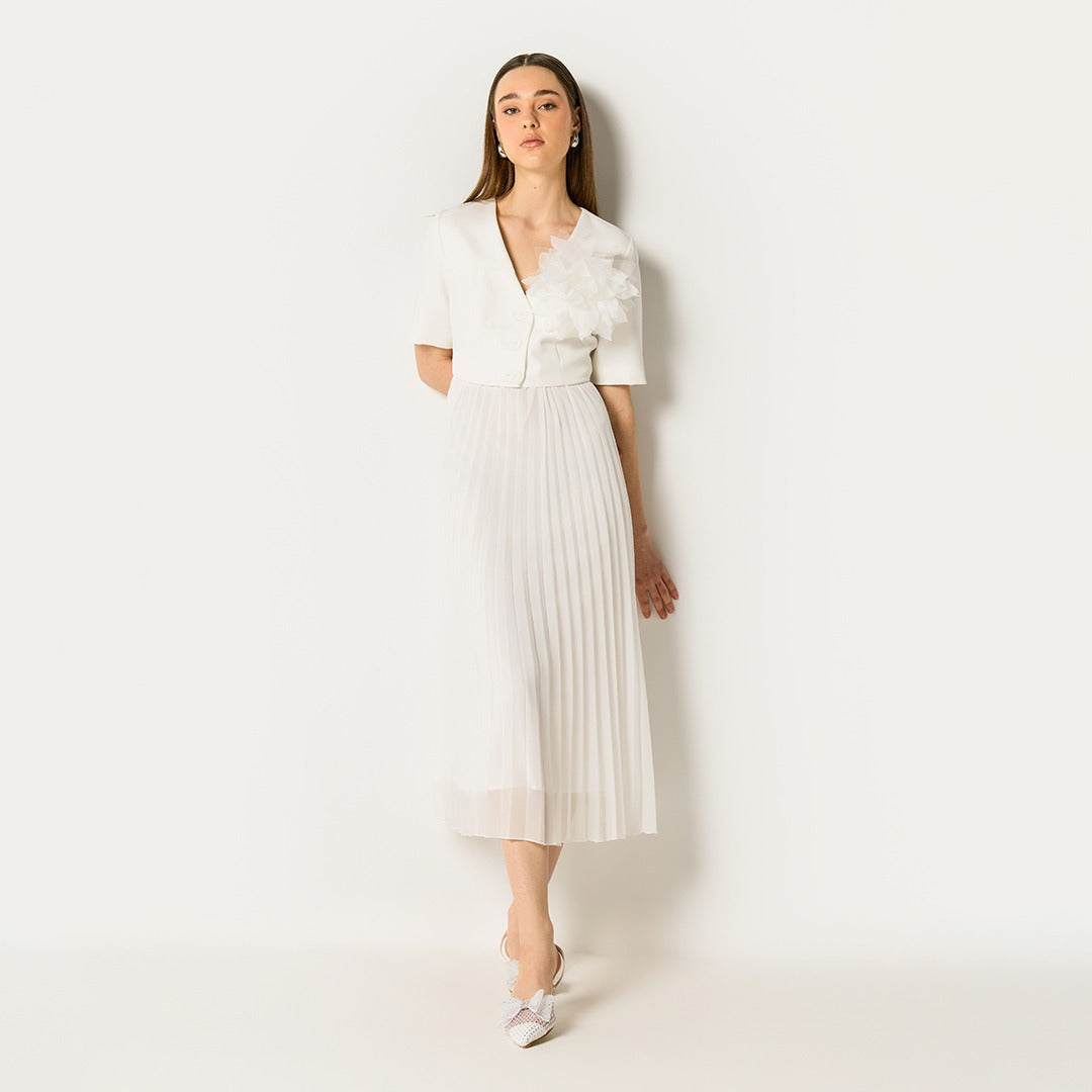 3D Flower Pleated Hem Dress Off White