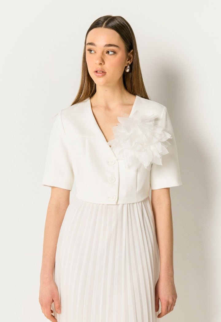 3D Flower Pleated Hem Dress Off White
