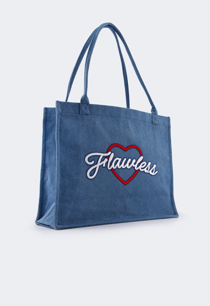 Hope Embroidered Denim Tote Bag Denim Blue