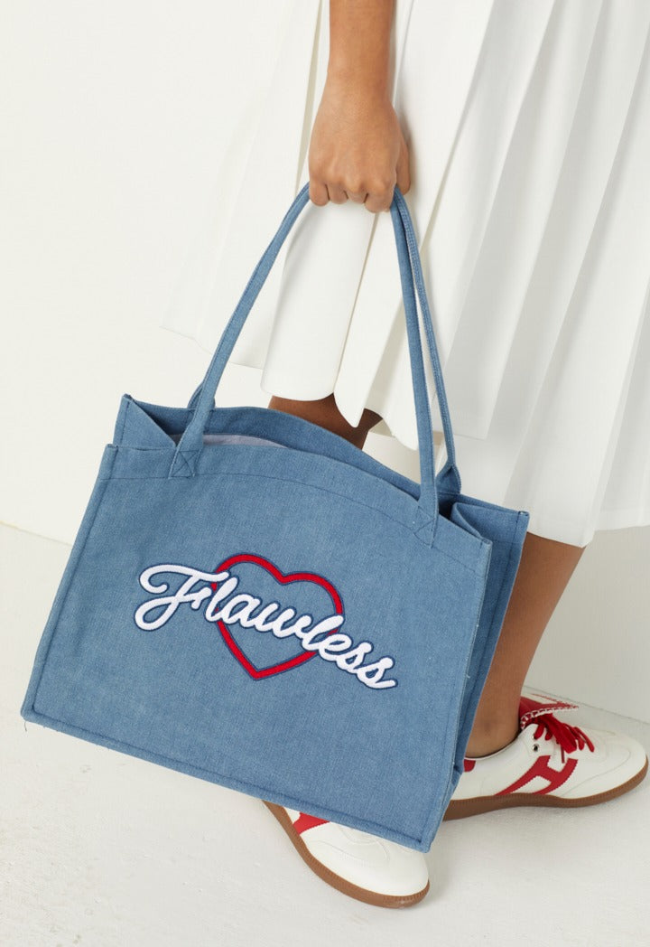 Hope Embroidered Denim Tote Bag Denim Blue