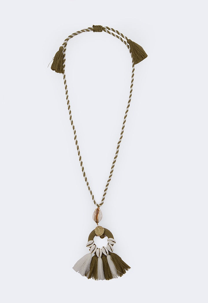 Braided Shell Tassel Pendant Olive