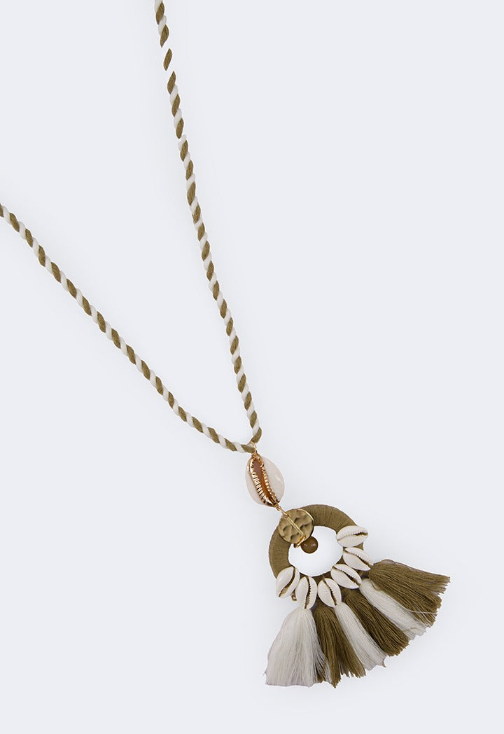 Braided Shell Tassel Pendant Olive