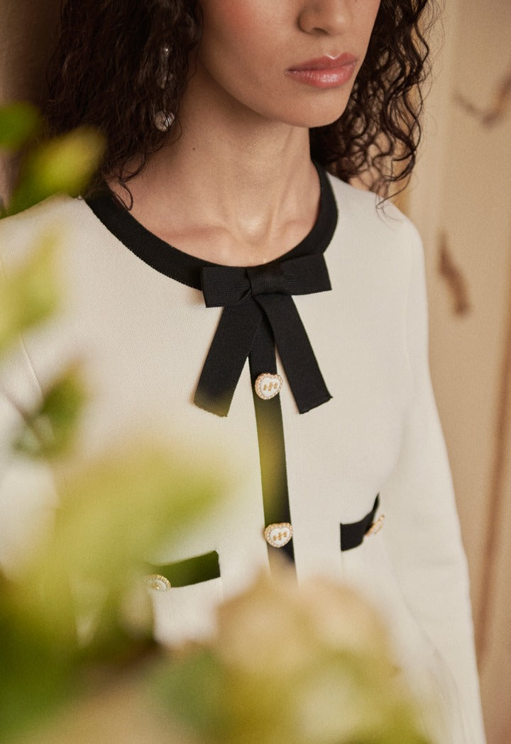 Contrast Elastic Dress Off White