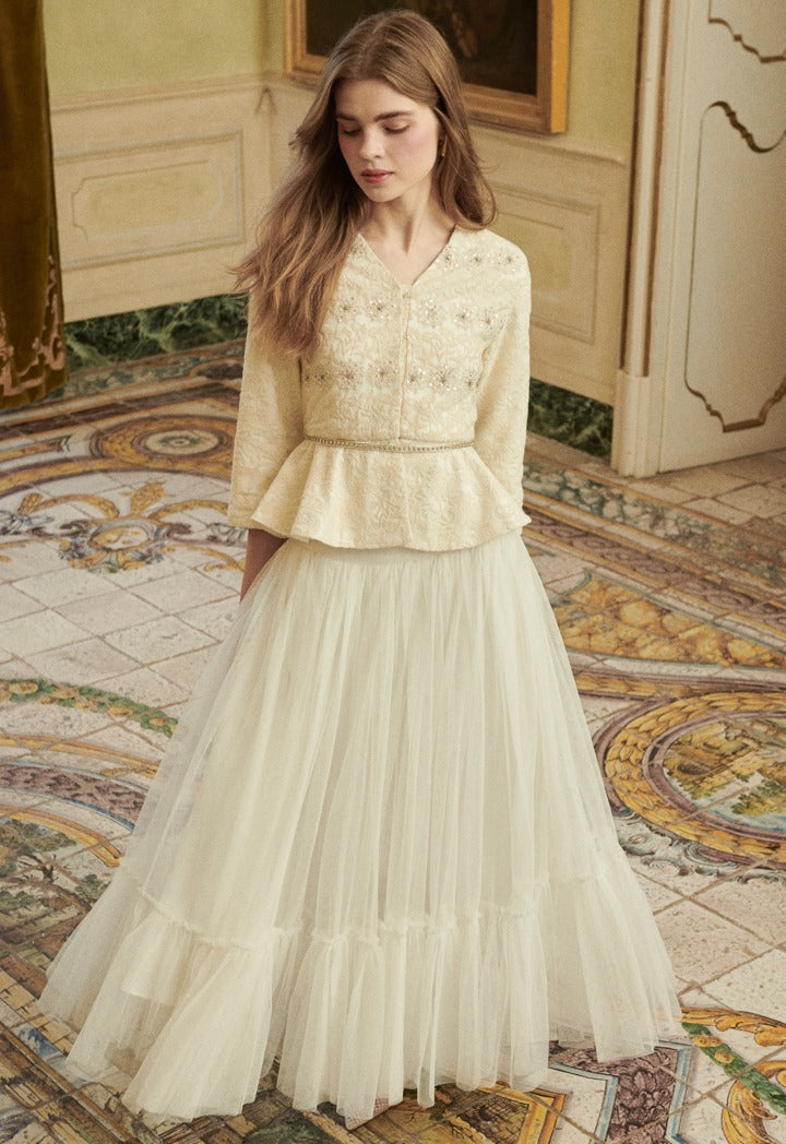 Lace Belted Jacket With Skirt Set Champagne