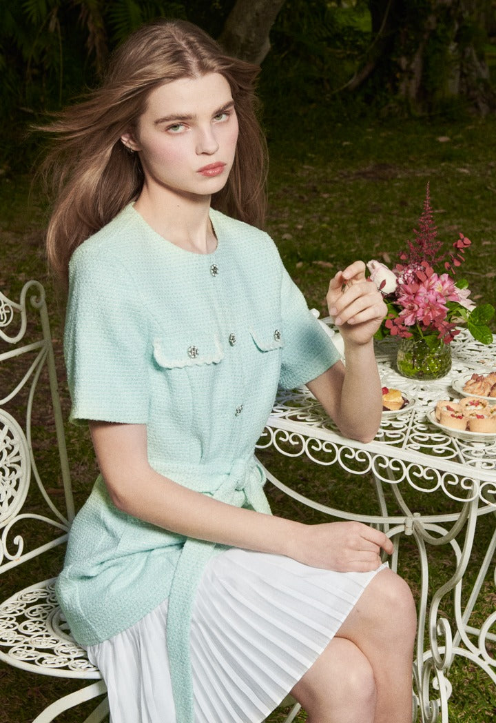 Tweed Lurex Pleated Dress Mint