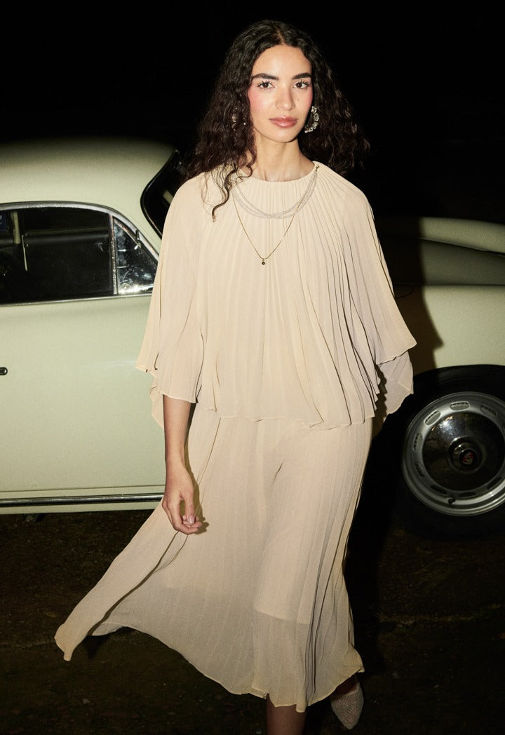 Cape Sleeves Pleated Dress Champagne