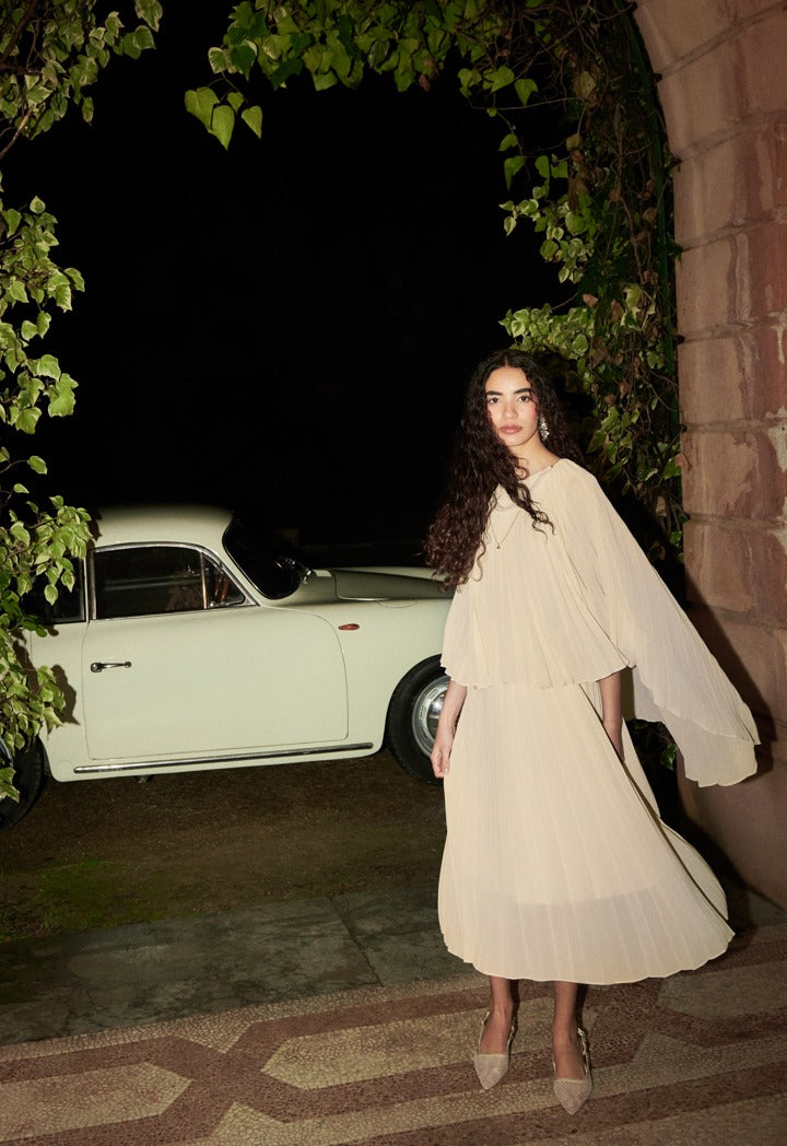 Cape Sleeves Pleated Dress Champagne