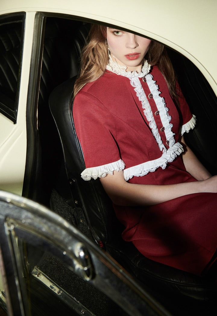 Lace Ruffle Button Front Dress Burgundy