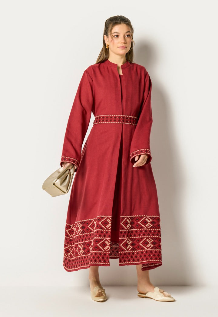 Halter Neck Dress And Abaya Set (2Pcs) Burgundy