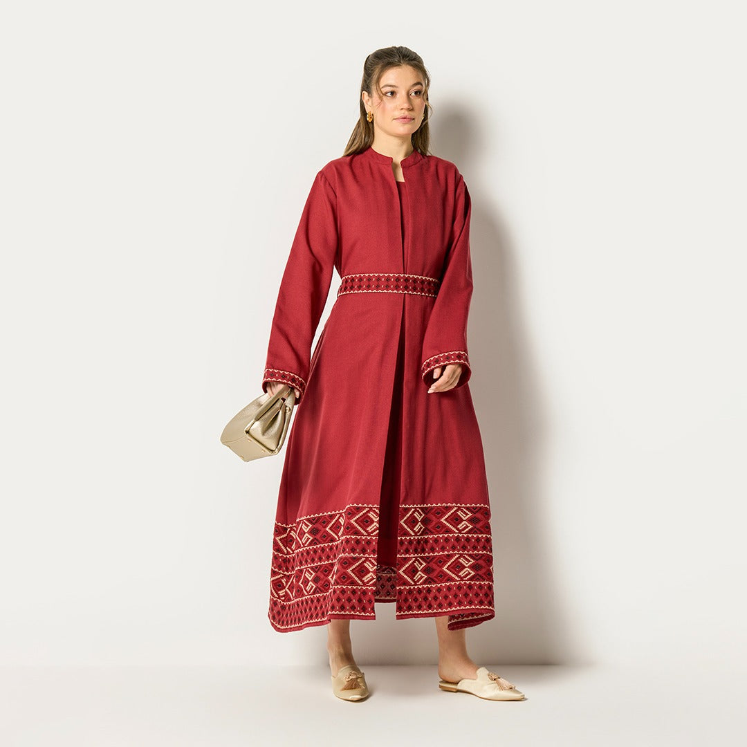 Halter Neck Dress And Abaya Set (2Pcs) Burgundy