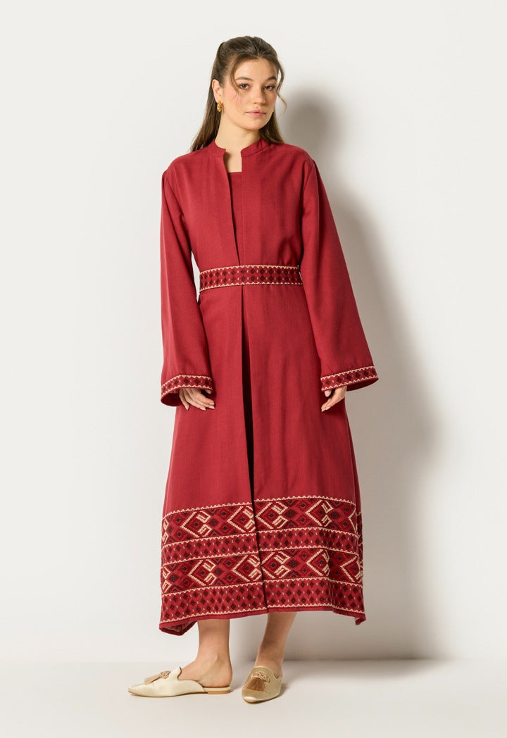 Halter Neck Dress And Abaya Set (2Pcs) Burgundy