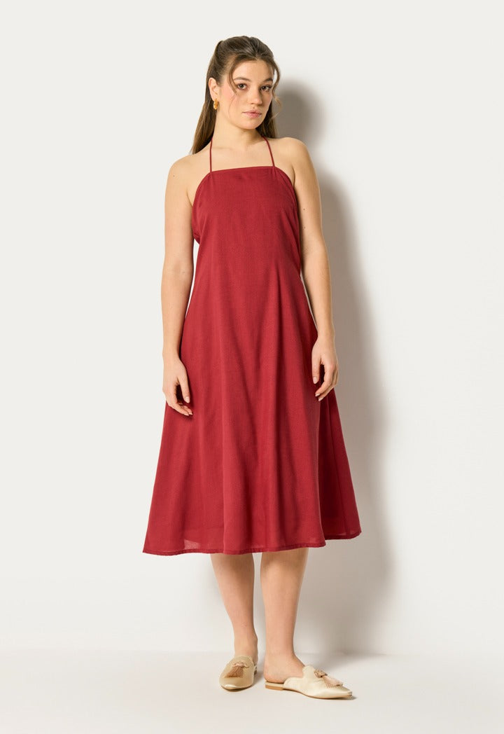 Halter Neck Dress And Abaya Set (2Pcs) Burgundy