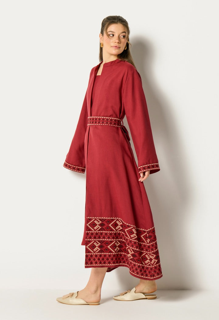 Halter Neck Dress And Abaya Set (2Pcs) Burgundy