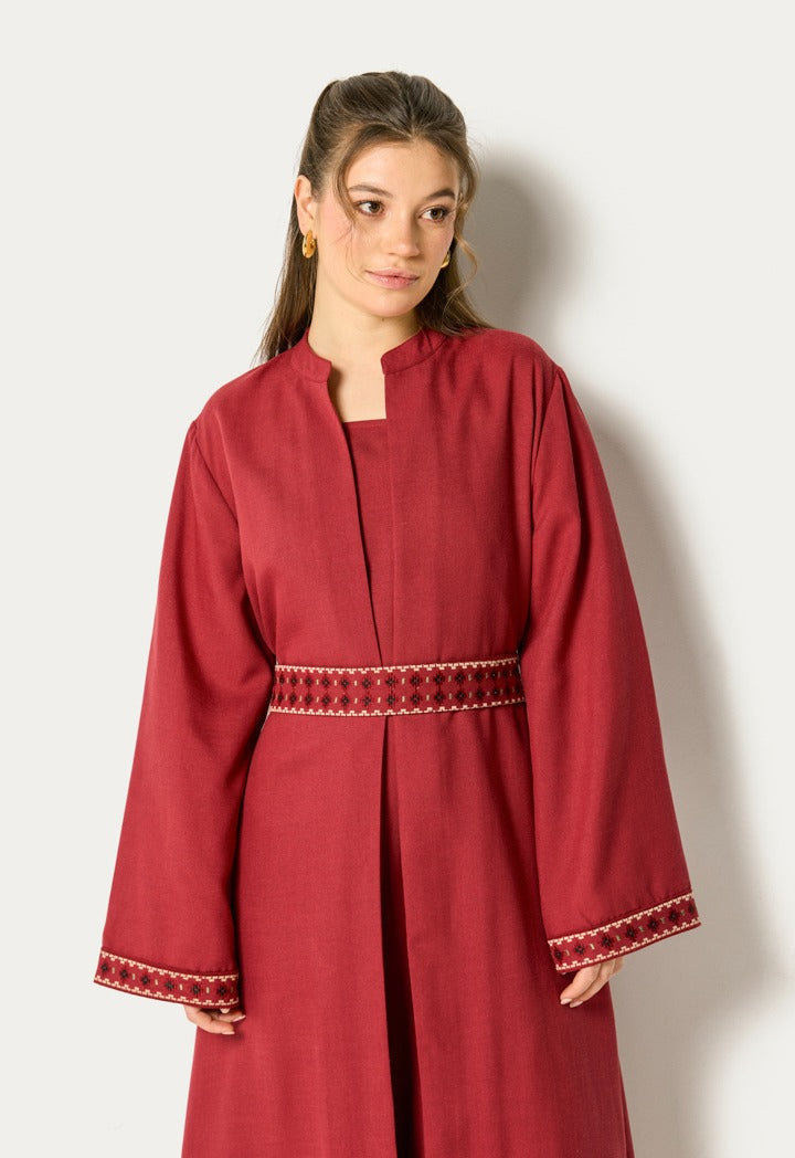 Halter Neck Dress And Abaya Set (2Pcs) Burgundy