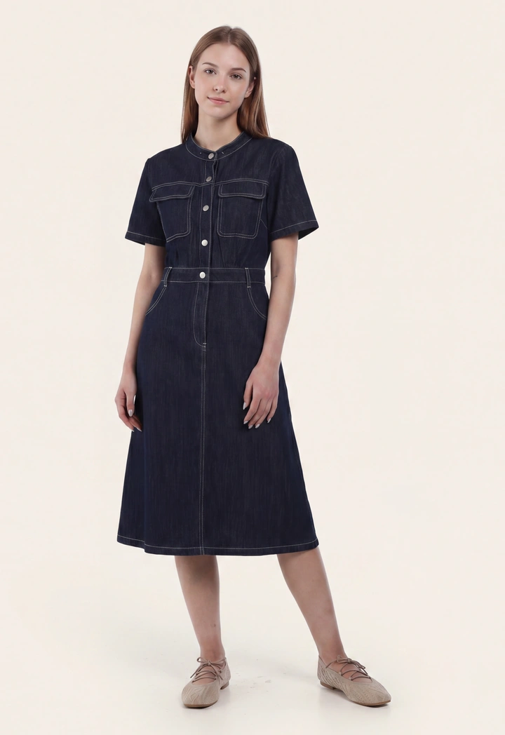 Multi Pockets Denim Shirt Dress
