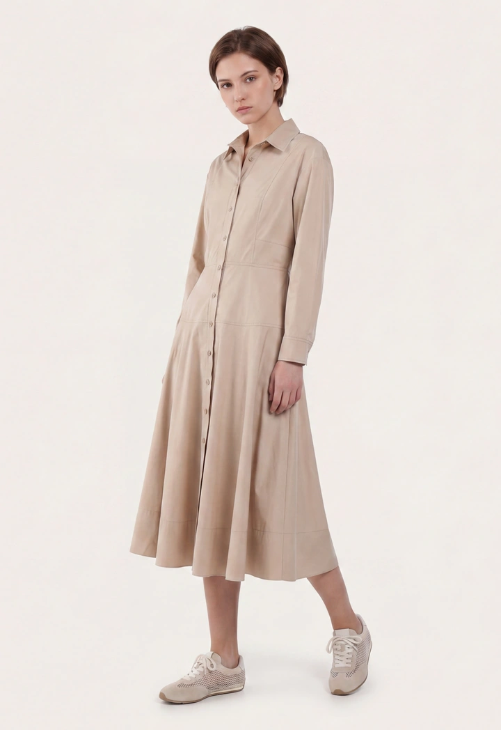 Flared Hem Solid Shirt Dress