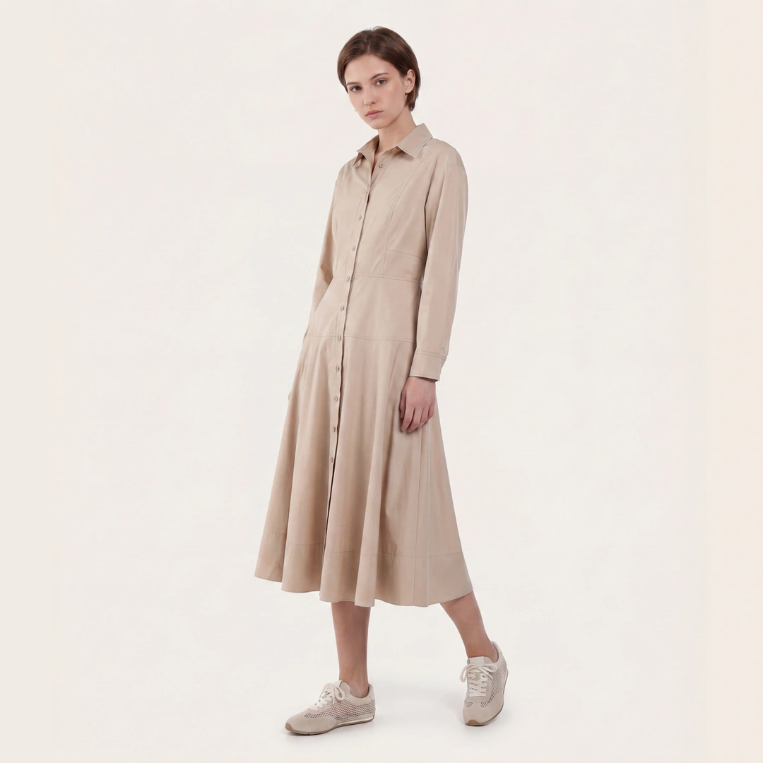 Flared Hem Solid Shirt Dress