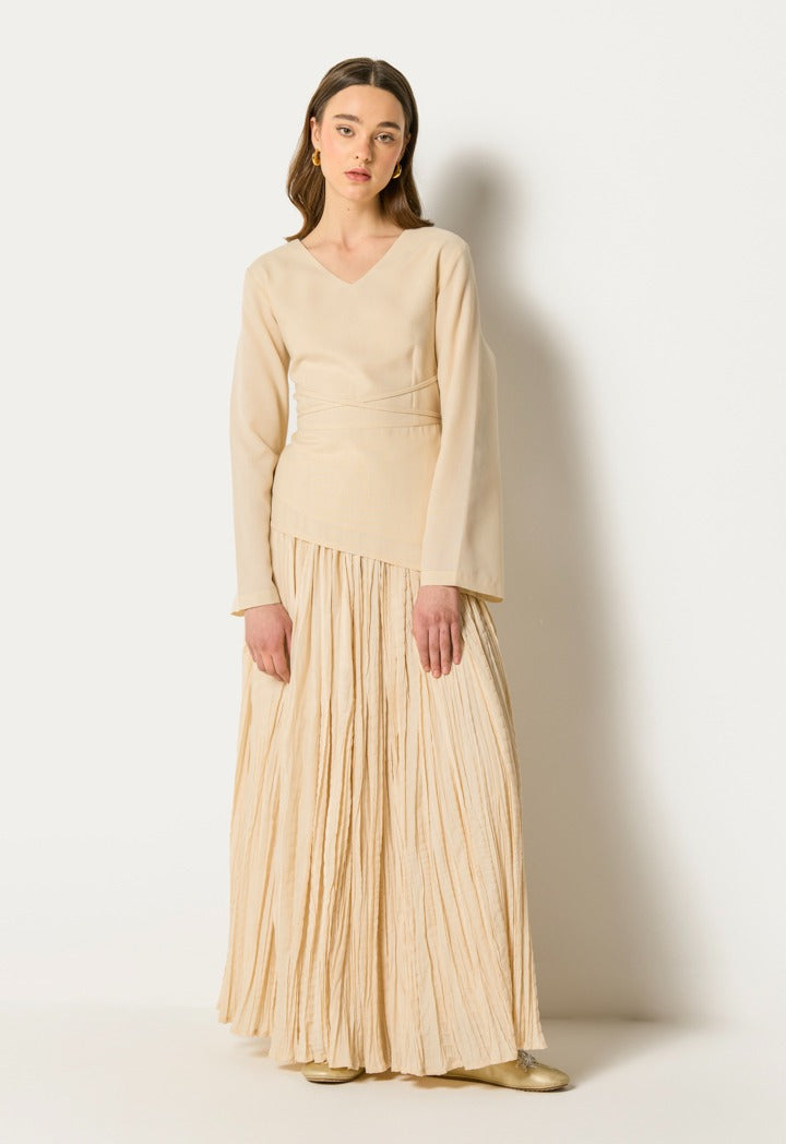 Tie Waist Top And Crinkled Skirt Set (2Pcs) Beige