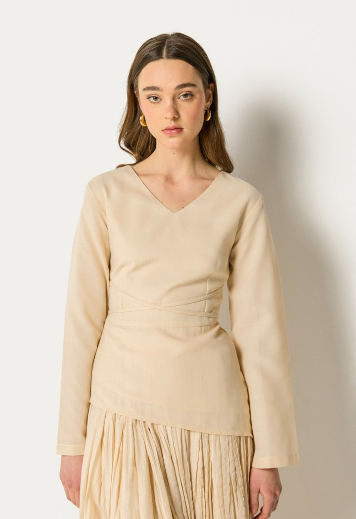 Tie Waist Top And Crinkled Skirt Set (2Pcs) Beige
