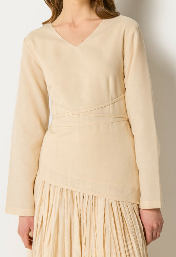 Tie Waist Top And Crinkled Skirt Set (2Pcs) Beige